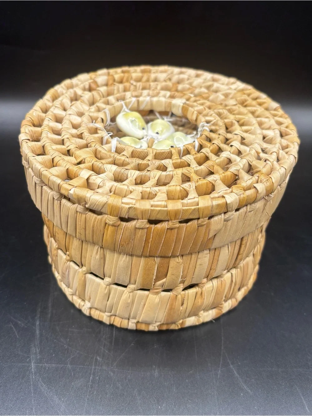 Vintage Coaster Set Hand Woven Straw Palm Basket and Six Cowrie Shell Coasters